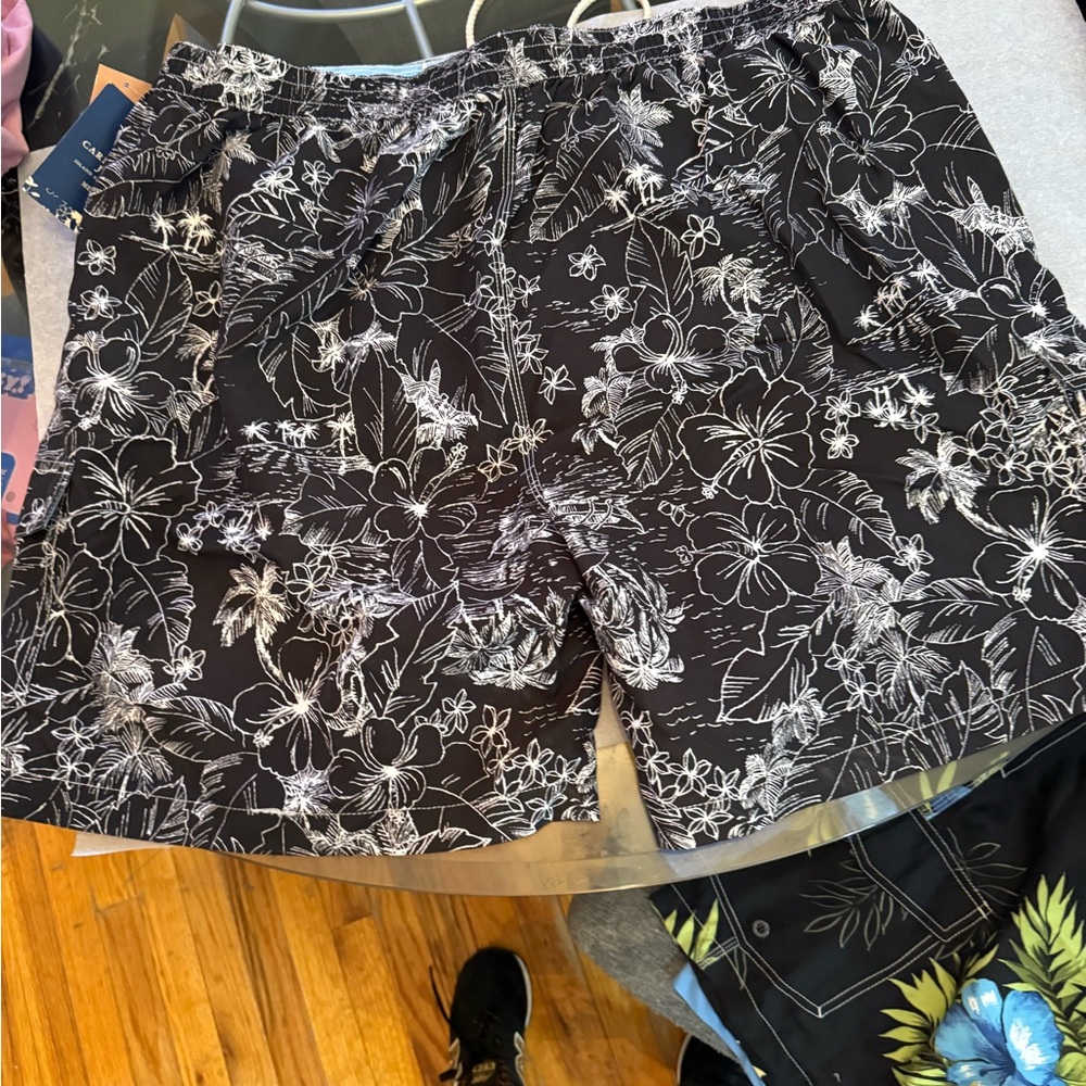 Black & White Floral Swim Trunks